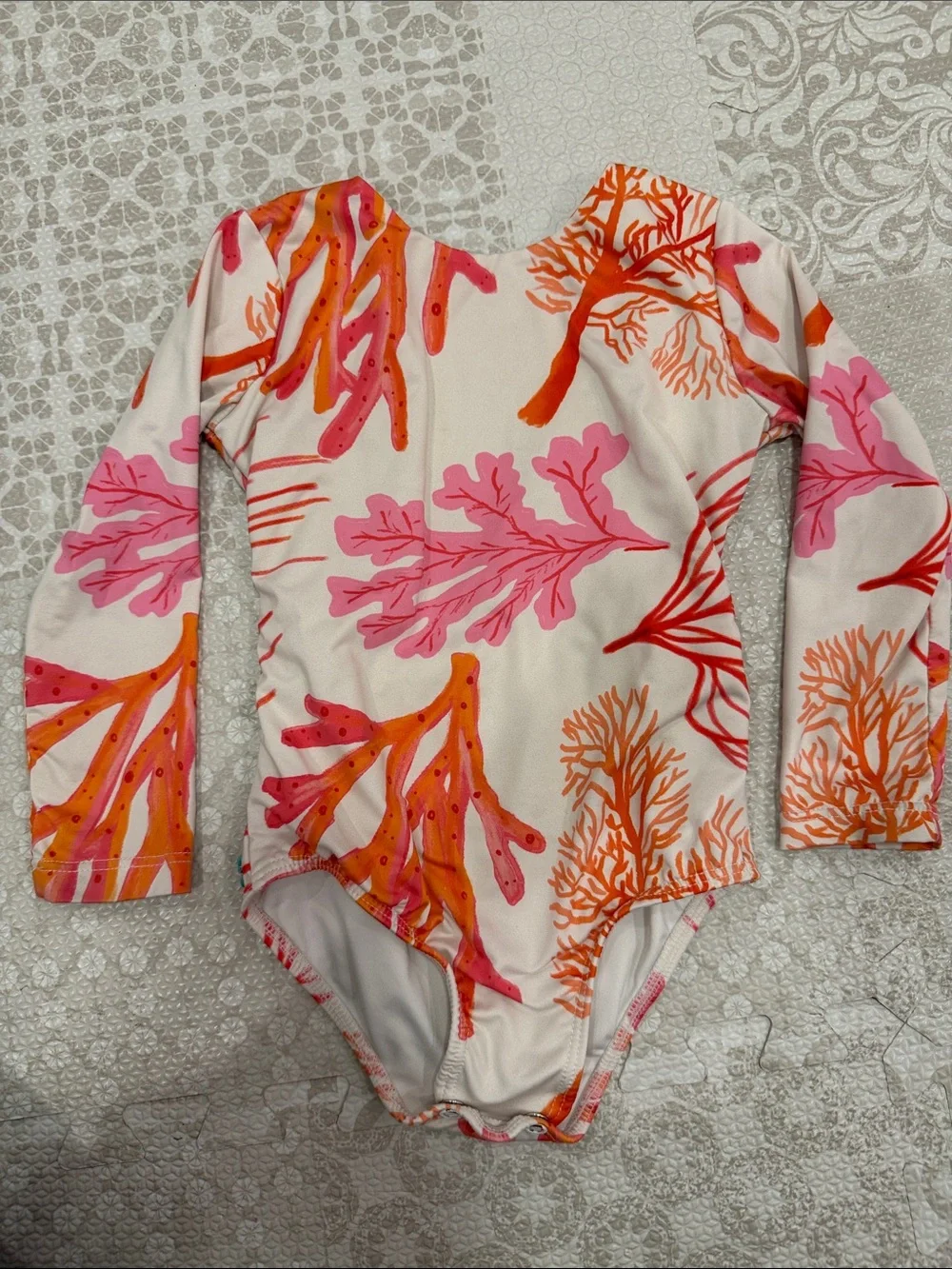 Girls' Long-Sleeve One-Piece Swimsuit in Pink & Orange Coral Print